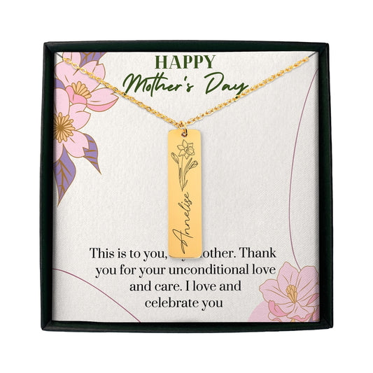 Happy Mother's Day - Birthflower Name Bar Necklace - Gift For Mom - Camili Bel Creations Gift Shop