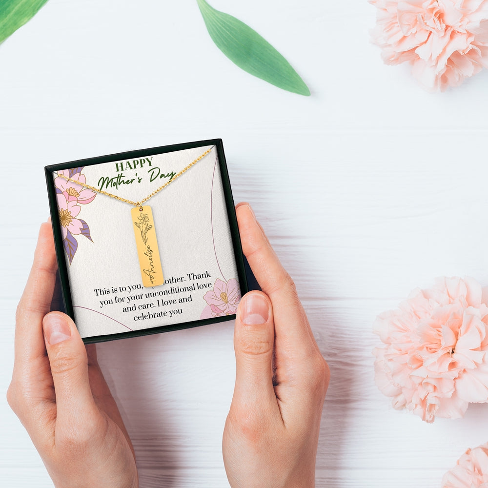 Happy Mother's Day - Birthflower Name Bar Necklace - Gift For Mom - Camili Bel Creations Gift Shop