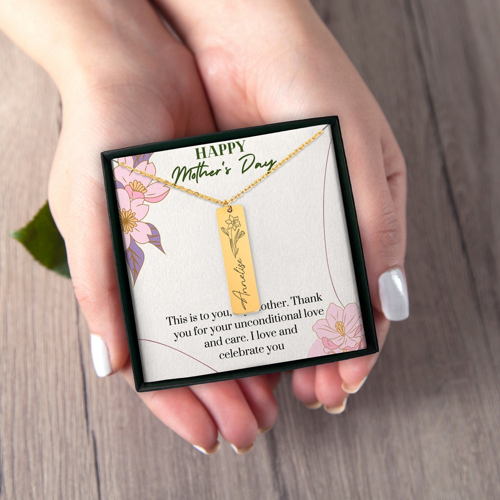 Happy Mother's Day - Birthflower Name Bar Necklace - Gift For Mom - Camili Bel Creations Gift Shop